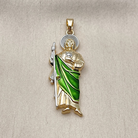 Oro Laminado Religious Pendant, Gold Filled Style San Judas Design, Polished, Tricolor