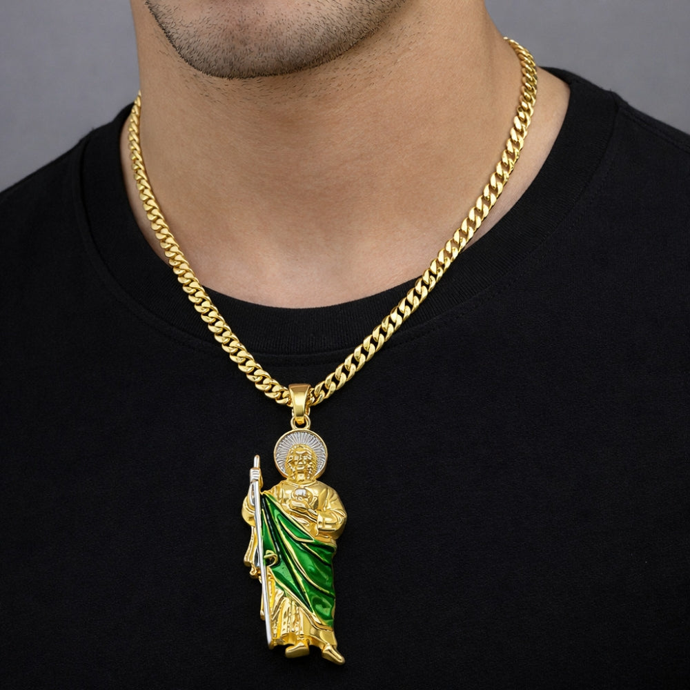 Oro Laminado Religious Pendant, Gold Filled Style San Judas Design, Polished, Tricolor