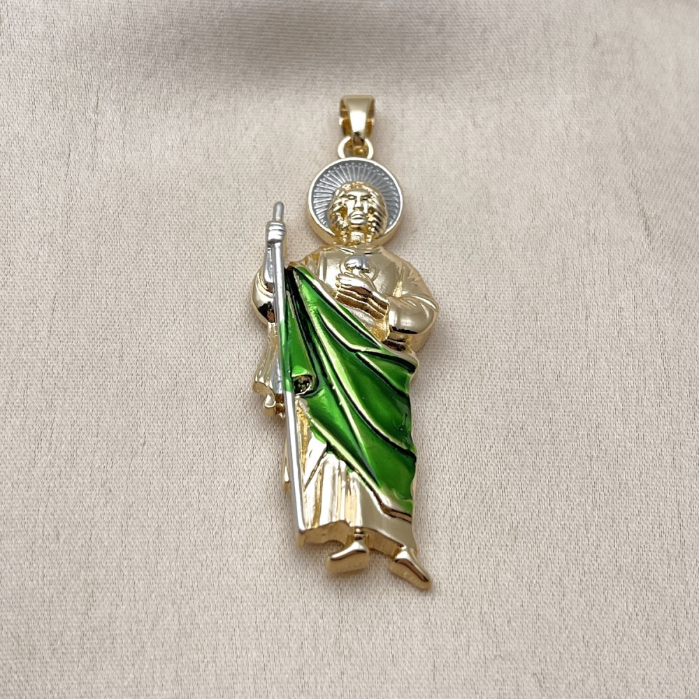 Oro Laminado Religious Pendant, Gold Filled Style San Judas Design, Polished, Tricolor