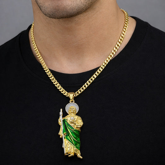 Oro Laminado Religious Pendant, Gold Filled Style San Judas Design, Polished, Tricolor