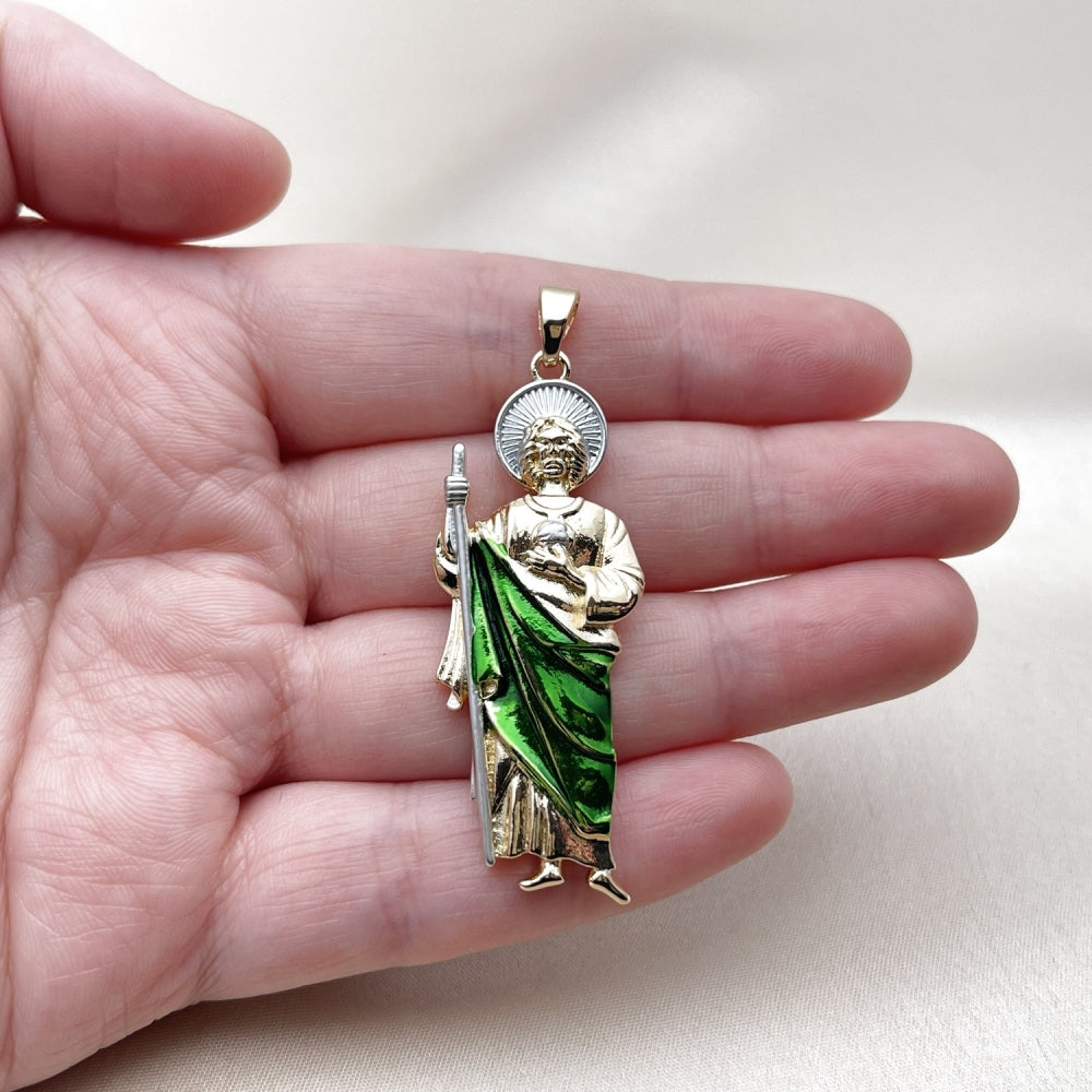 Oro Laminado Religious Pendant, Gold Filled Style San Judas Design, Polished, Tricolor