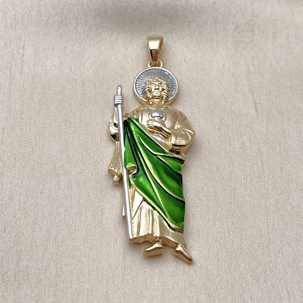 Oro Laminado Religious Pendant, Gold Filled Style San Judas Design, Polished, Tricolor