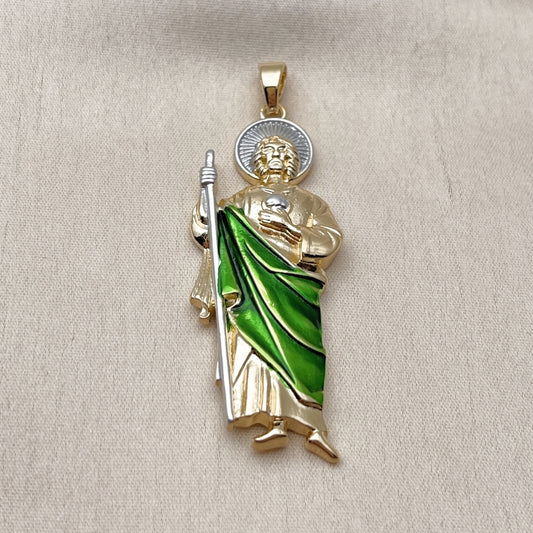 Oro Laminado Religious Pendant, Gold Filled Style San Judas Design, Polished, Tricolor