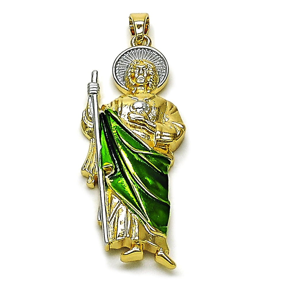 Oro Laminado Religious Pendant, Gold Filled Style San Judas Design, Polished, Tricolor