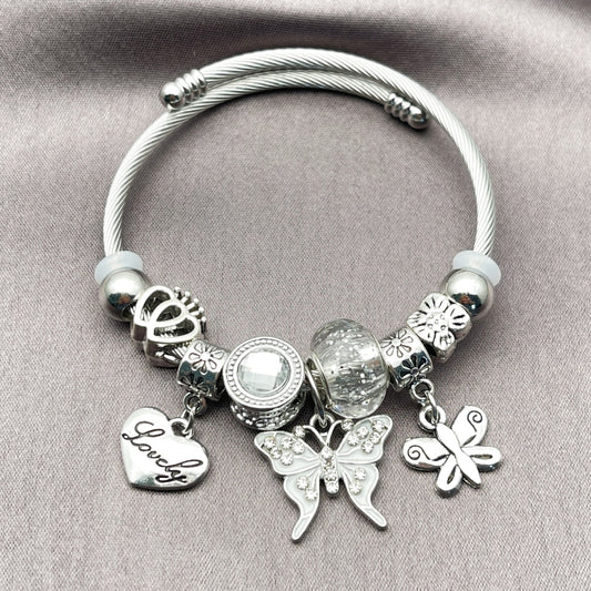 Stainless Steel Individual Bangle, Butterfly and Heart Design, with White Crystal, White Enamel Finish, Steel Finish