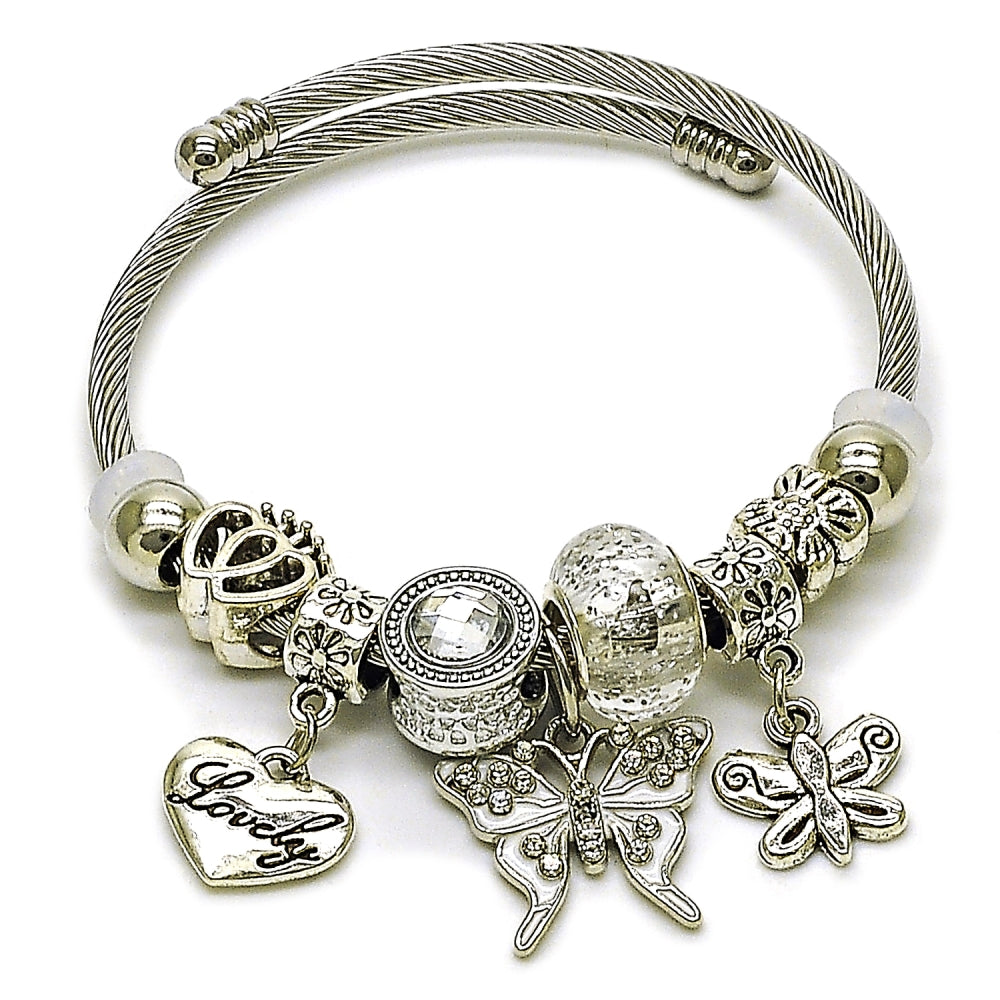 Stainless Steel Individual Bangle, Butterfly and Heart Design, with White Crystal, White Enamel Finish, Steel Finish
