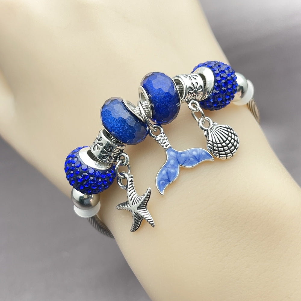 Stainless Steel Individual Bangle, Shell and Fish Design, with Sapphire Blue Crystal, Blue Enamel Finish, Steel Finish