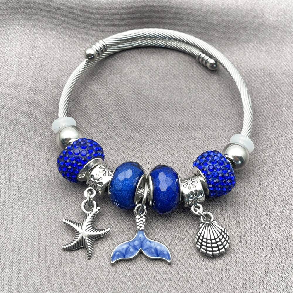 Stainless Steel Individual Bangle, Shell and Fish Design, with Sapphire Blue Crystal, Blue Enamel Finish, Steel Finish
