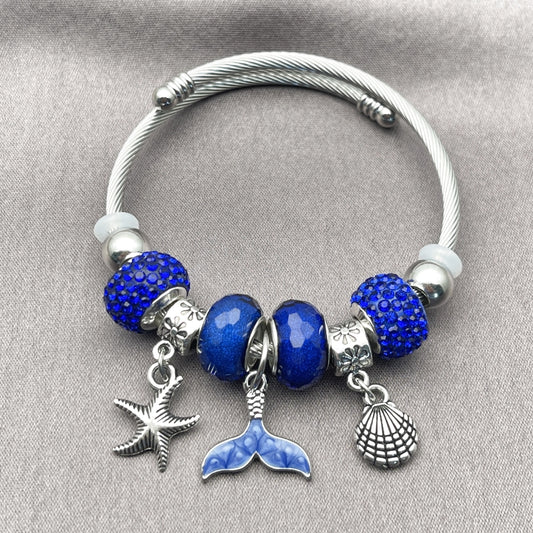 Stainless Steel Individual Bangle, Shell and Fish Design, with Sapphire Blue Crystal, Blue Enamel Finish, Steel Finish