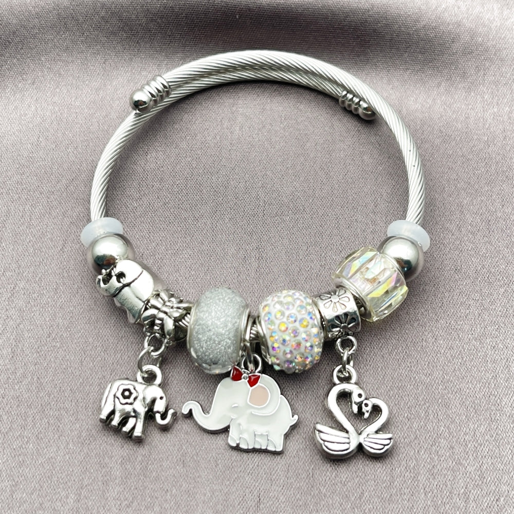 Stainless Steel Individual Bangle, Elephant and Swan Design, with Aurore Boreale and White Crystal, White Enamel Finish, Steel Finish