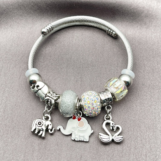 Stainless Steel Individual Bangle, Elephant and Swan Design, with Aurore Boreale and White Crystal, White Enamel Finish, Steel Finish