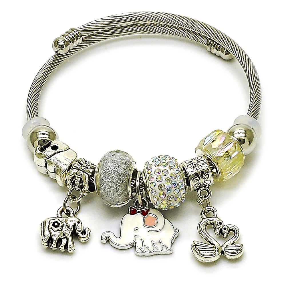 Stainless Steel Individual Bangle, Elephant and Swan Design, with Aurore Boreale and White Crystal, White Enamel Finish, Steel Finish