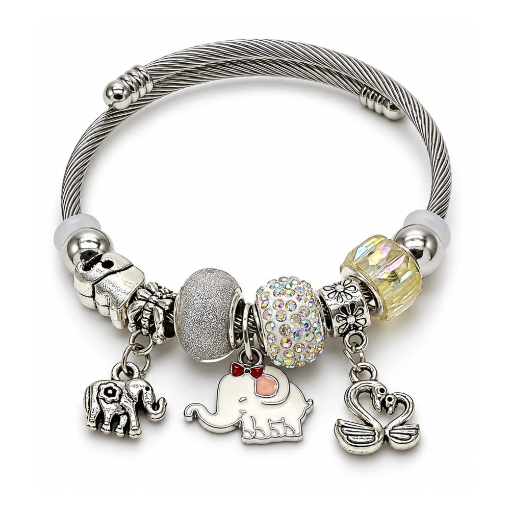 Stainless Steel Individual Bangle, Elephant and Swan Design, with Aurore Boreale and White Crystal, White Enamel Finish, Steel Finish