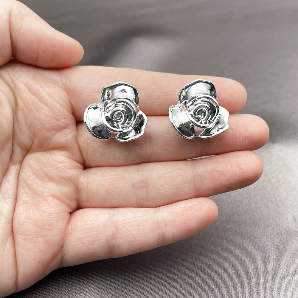 Rhodium Gold Filled Stud Earring, Flower Design, Polished, Rhodium Finish