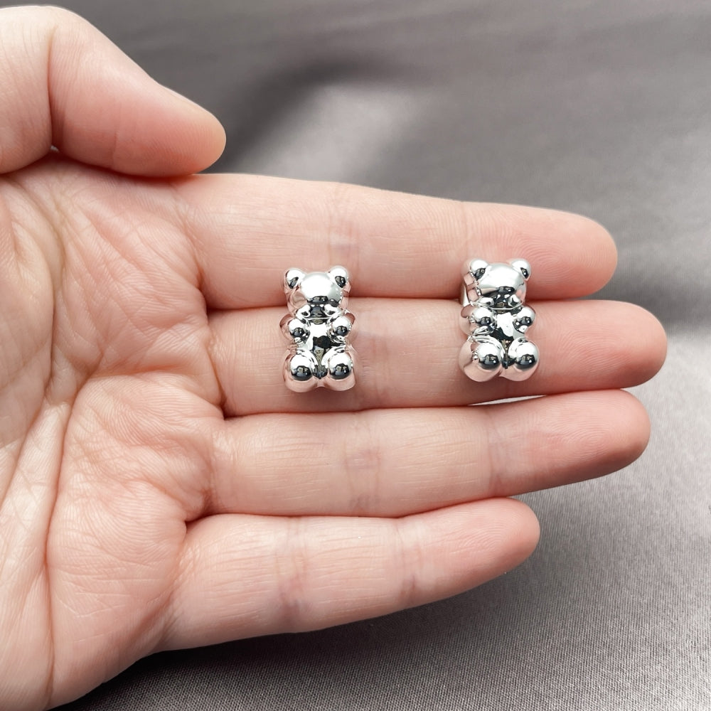 Rhodium Gold Filled Stud Earring, Teddy Bear Design, Polished, Rhodium Finish