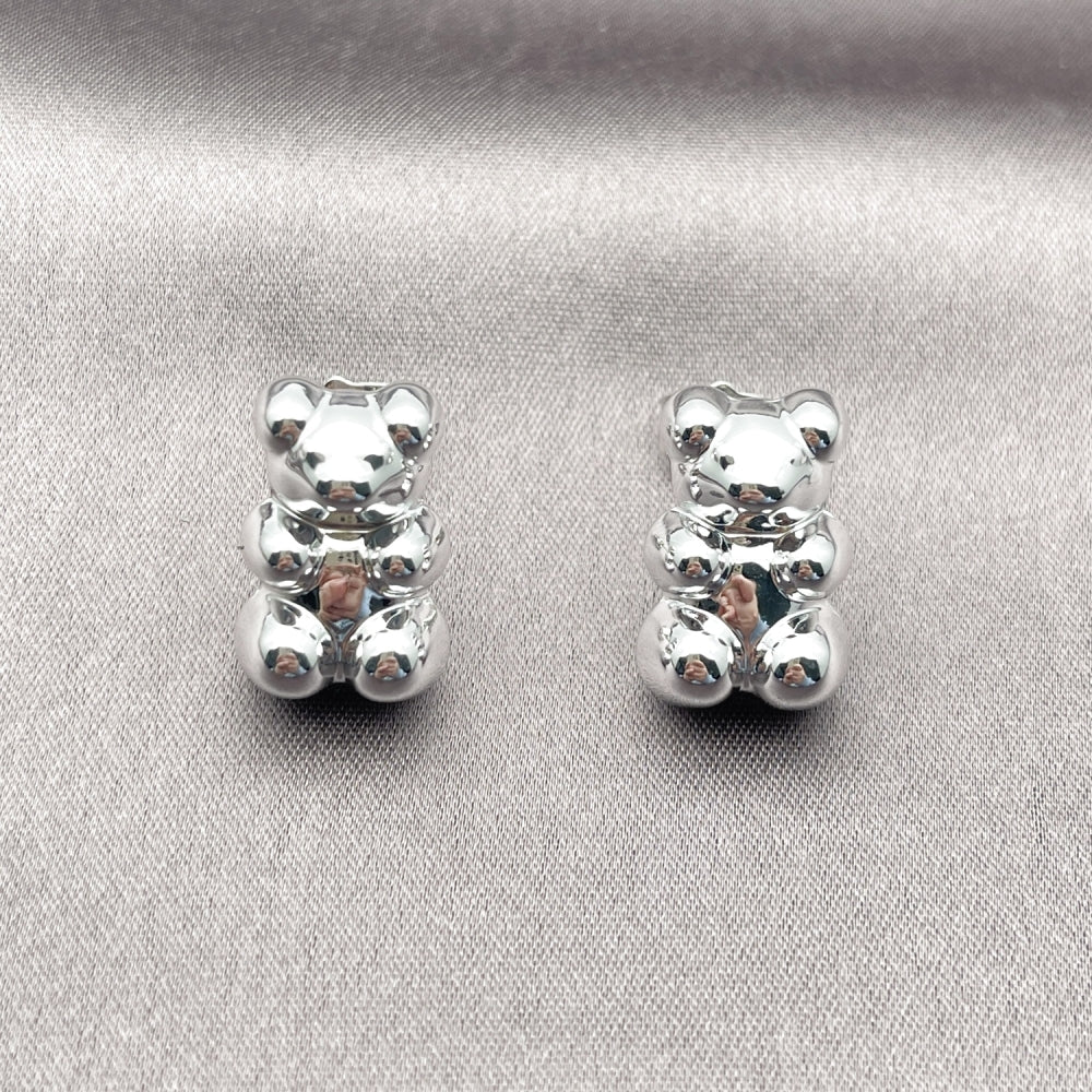 Rhodium Gold Filled Stud Earring, Teddy Bear Design, Polished, Rhodium Finish