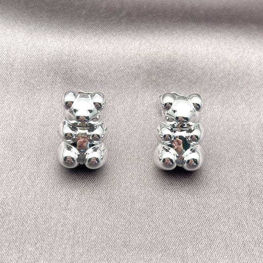 Rhodium Gold Filled Stud Earring, Teddy Bear Design, Polished, Rhodium Finish
