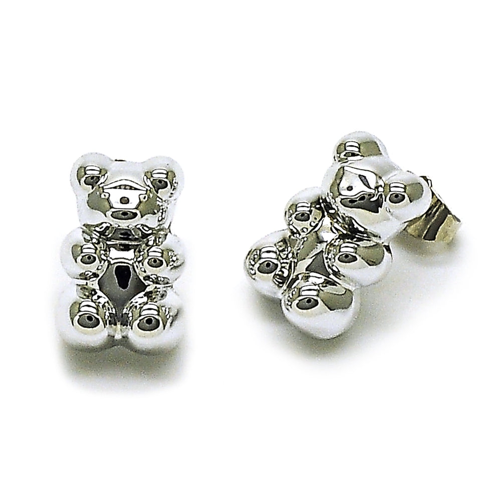 Rhodium Gold Filled Stud Earring, Teddy Bear Design, Polished, Rhodium Finish