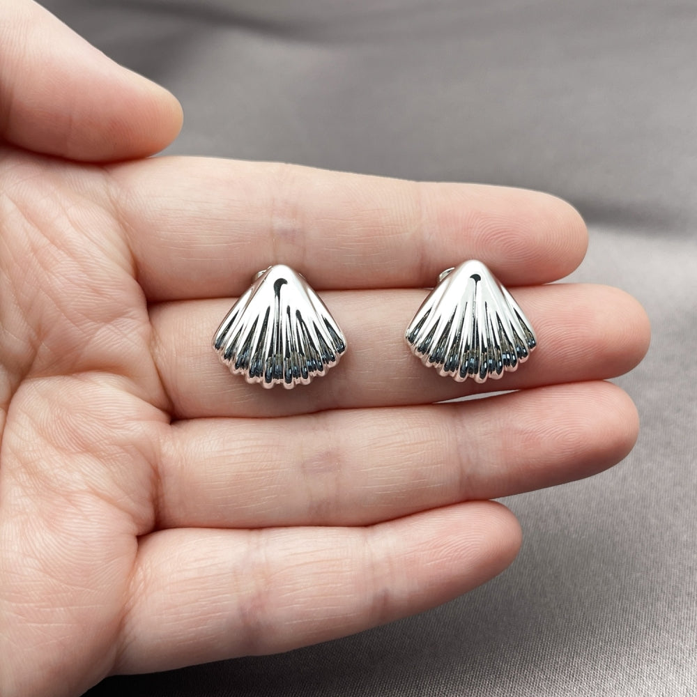 Rhodium Gold Filled Stud Earring, Shell Design, Polished, Rhodium Finish