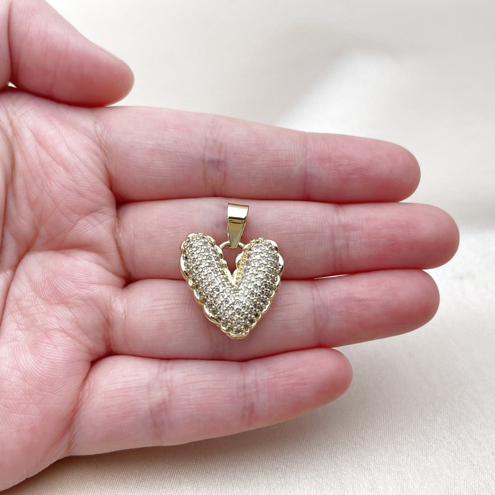 Oro Laminado Fancy Pendant, Gold Filled Style Heart Design, with White Cubic Zirconia, Polished, Golden Finish