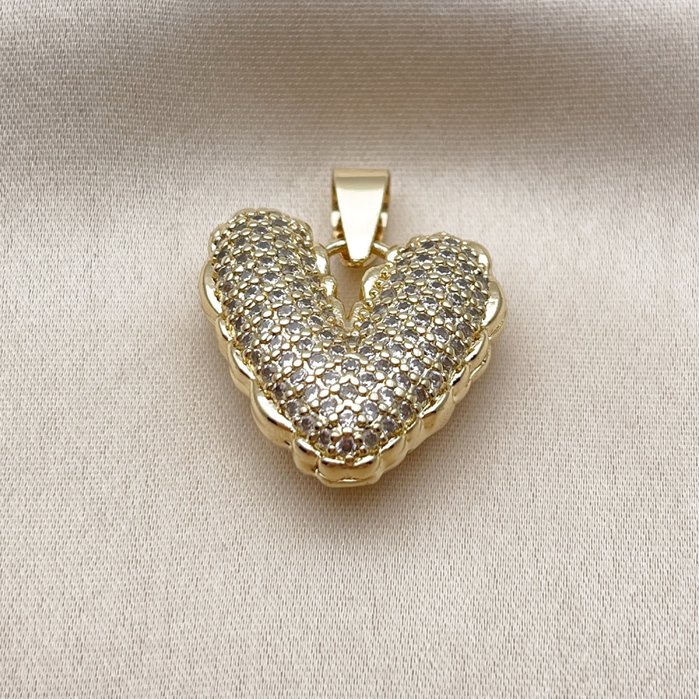 Oro Laminado Fancy Pendant, Gold Filled Style Heart Design, with White Cubic Zirconia, Polished, Golden Finish