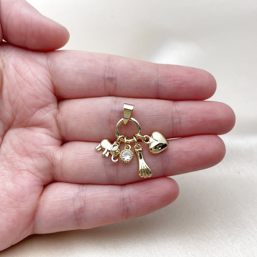 Oro Laminado Religious Pendant, Gold Filled Style Elephant and Heart Design, with White Cubic Zirconia, Polished, Golden Finish