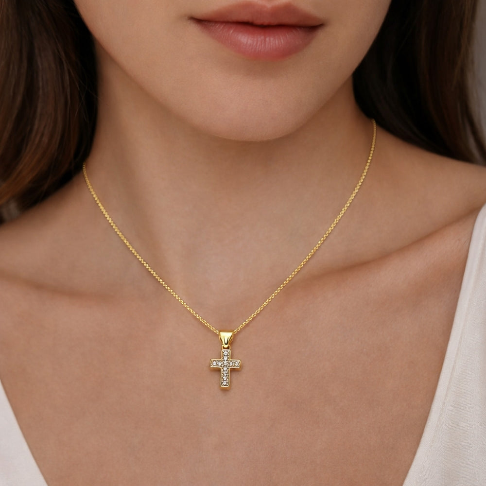 Oro Laminado Religious Pendant, Gold Filled Style Cross Design, with White Cubic Zirconia, Polished, Golden Finish