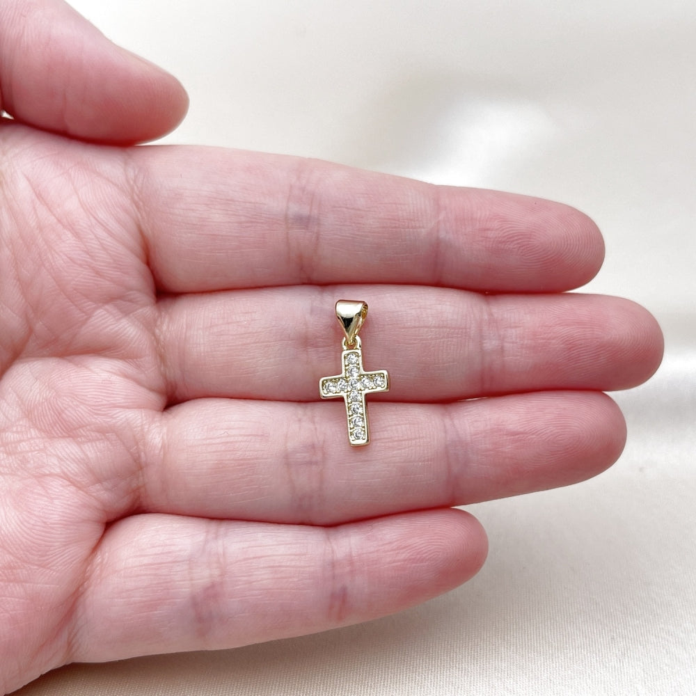 Oro Laminado Religious Pendant, Gold Filled Style Cross Design, with White Cubic Zirconia, Polished, Golden Finish