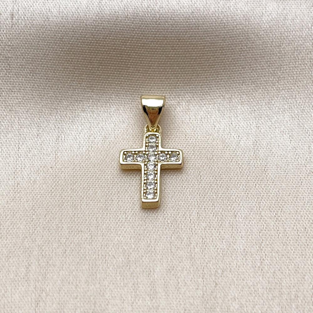Oro Laminado Religious Pendant, Gold Filled Style Cross Design, with White Cubic Zirconia, Polished, Golden Finish