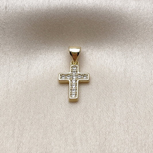 Oro Laminado Religious Pendant, Gold Filled Style Cross Design, with White Cubic Zirconia, Polished, Golden Finish
