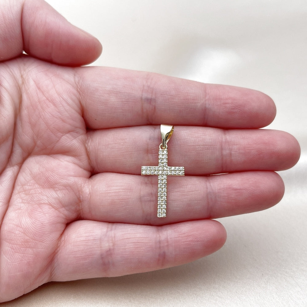 Oro Laminado Religious Pendant, Gold Filled Style Cross Design, with White Micro Pave, Polished, Golden Finish