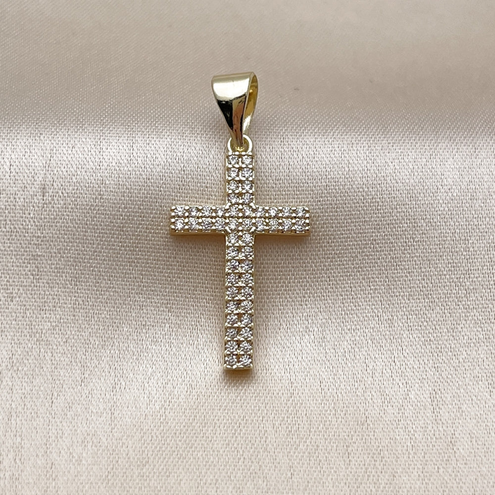 Oro Laminado Religious Pendant, Gold Filled Style Cross Design, with White Micro Pave, Polished, Golden Finish