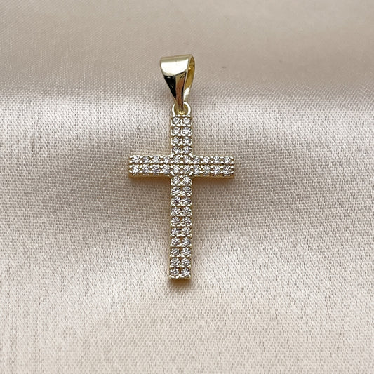 Oro Laminado Religious Pendant, Gold Filled Style Cross Design, with White Micro Pave, Polished, Golden Finish