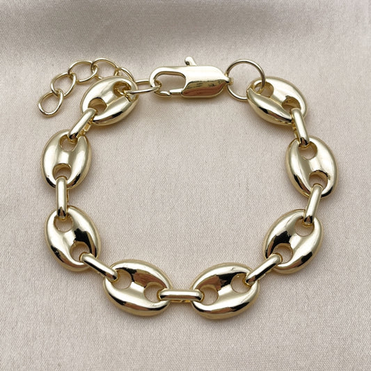 Oro Laminado Fancy Bracelet, Gold Filled Style Puff Mariner Design, Polished, Golden Finish
