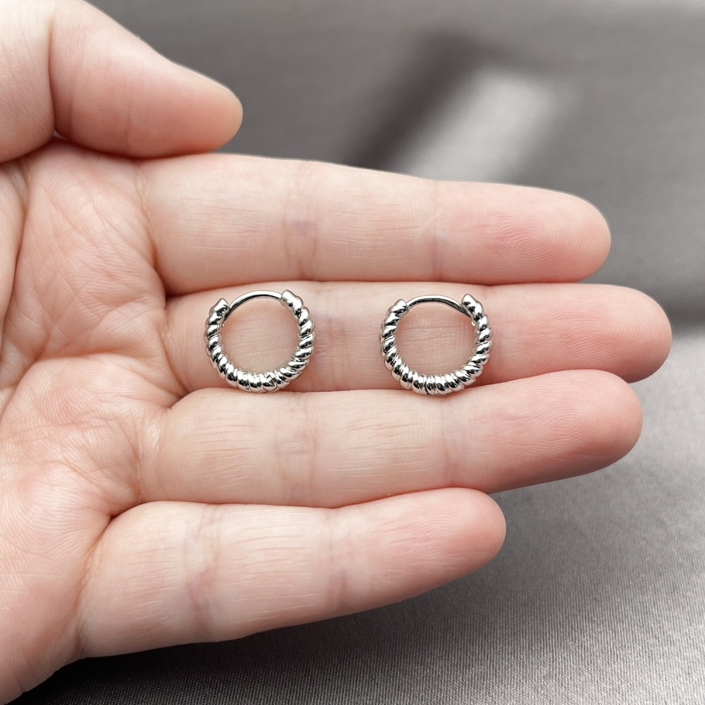 Rhodium Gold Filled Huggie Hoop, Twist Design, Polished, Rhodium Finish