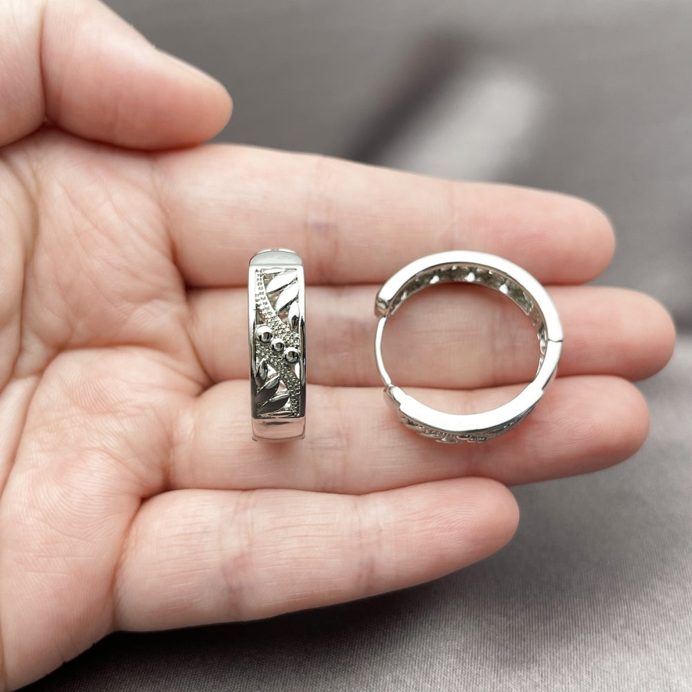 Rhodium Gold Filled Huggie Hoop, Leaf Design, Polished, Rhodium Finish