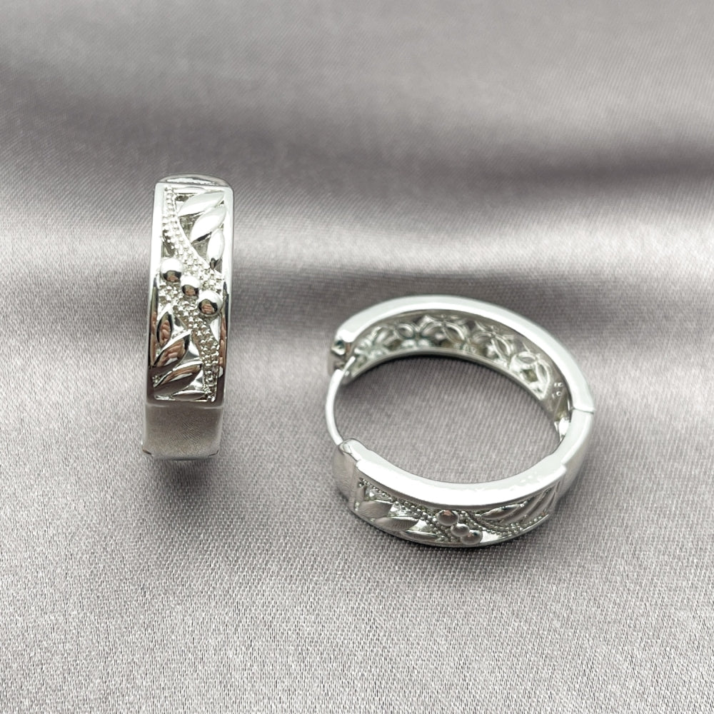 Rhodium Gold Filled Huggie Hoop, Leaf Design, Polished, Rhodium Finish