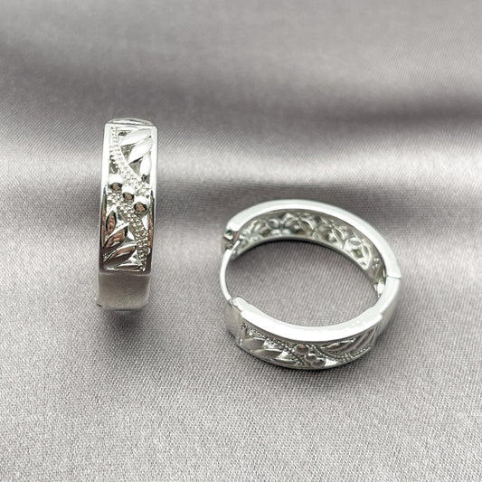 Rhodium Gold Filled Huggie Hoop, Leaf Design, Polished, Rhodium Finish