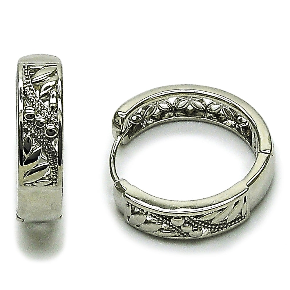 Rhodium Gold Filled Huggie Hoop, Leaf Design, Polished, Rhodium Finish
