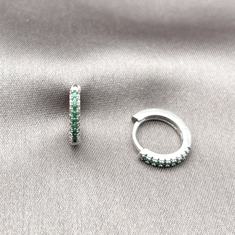 Rhodium Gold Filled Huggie Hoop, with Green Cubic Zirconia, Polished, Rhodium Finish