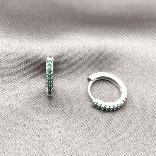 Rhodium Gold Filled Huggie Hoop, with Green Cubic Zirconia, Polished, Rhodium Finish