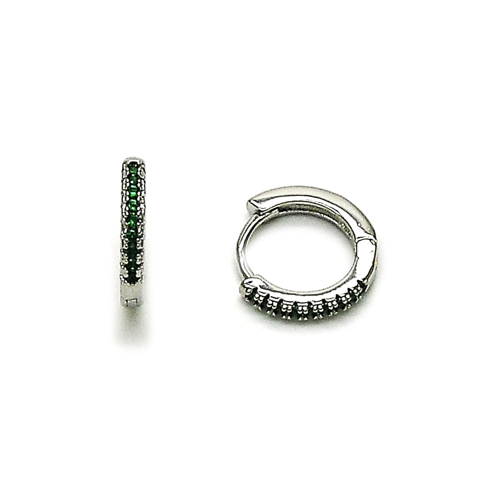 Rhodium Gold Filled Huggie Hoop, with Green Cubic Zirconia, Polished, Rhodium Finish