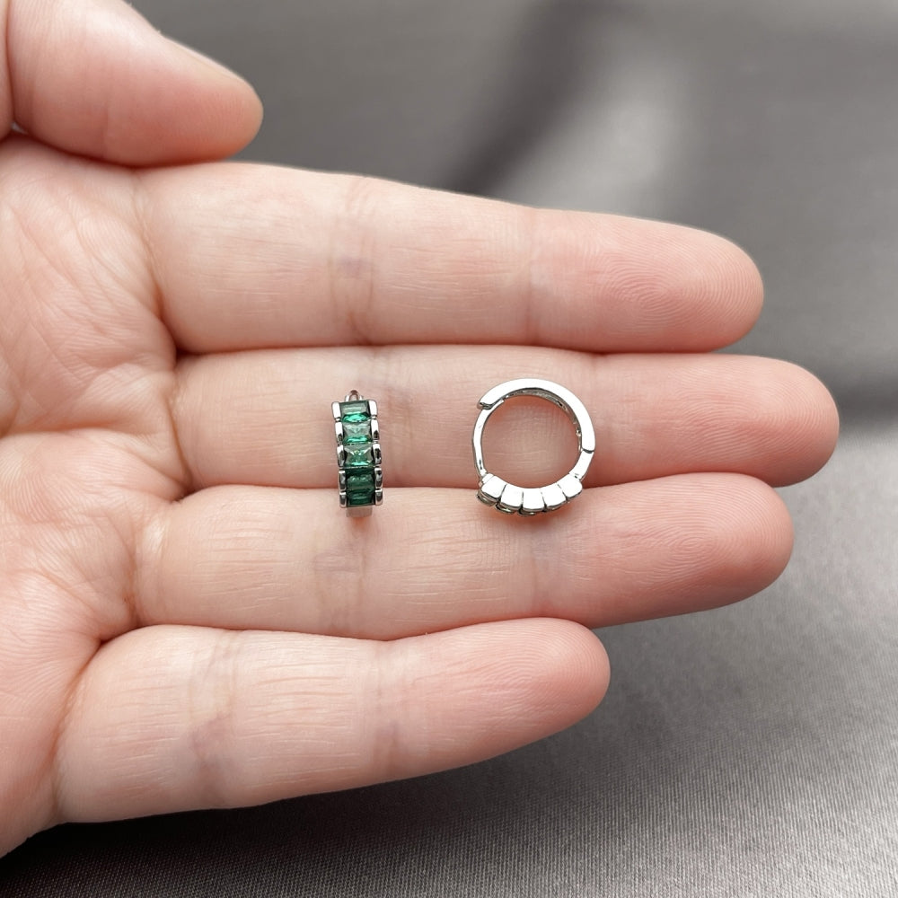 Rhodium Gold Filled Huggie Hoop, with Green Cubic Zirconia, Polished, Rhodium Finish