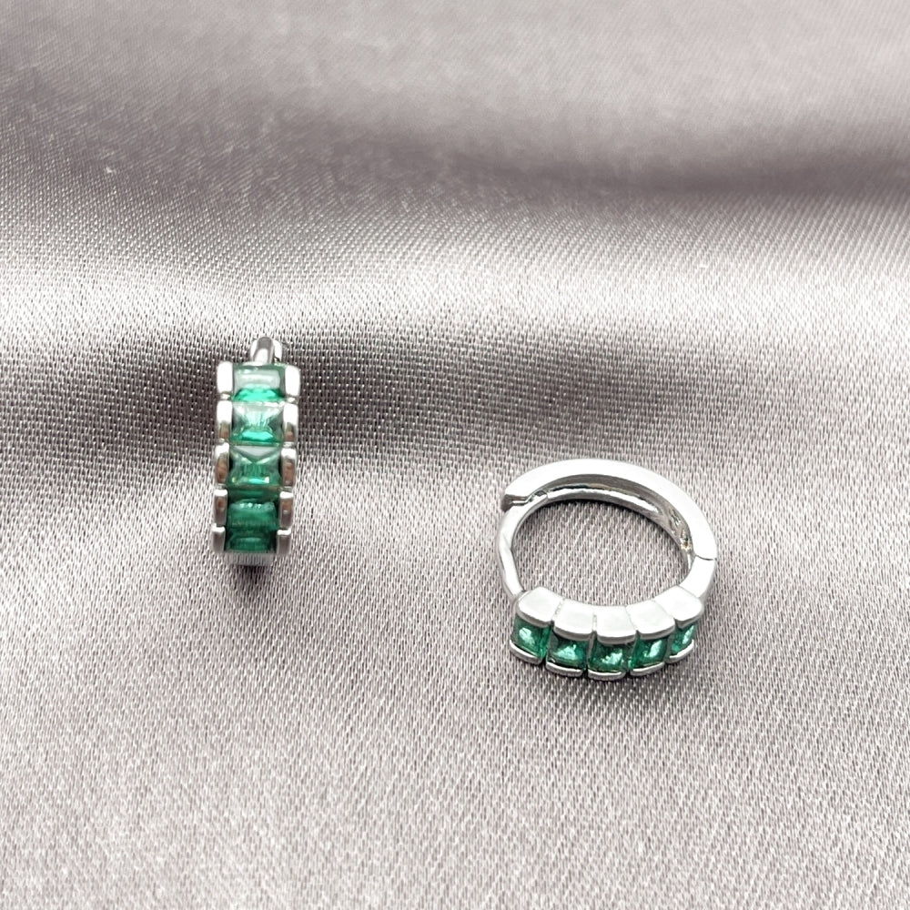 Rhodium Gold Filled Huggie Hoop, with Green Cubic Zirconia, Polished, Rhodium Finish