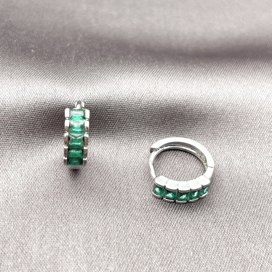 Rhodium Gold Filled Huggie Hoop, with Green Cubic Zirconia, Polished, Rhodium Finish