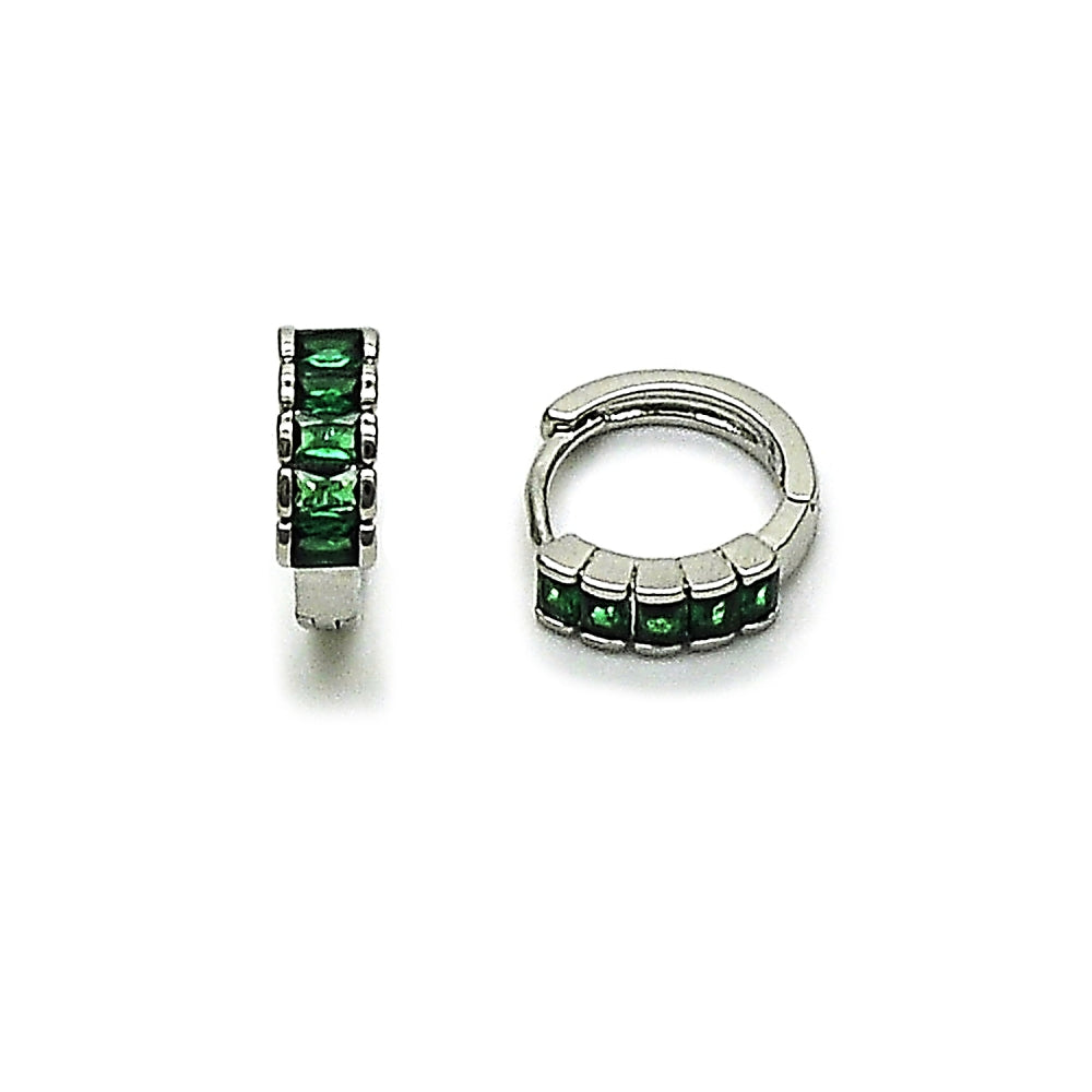 Rhodium Gold Filled Huggie Hoop, with Green Cubic Zirconia, Polished, Rhodium Finish