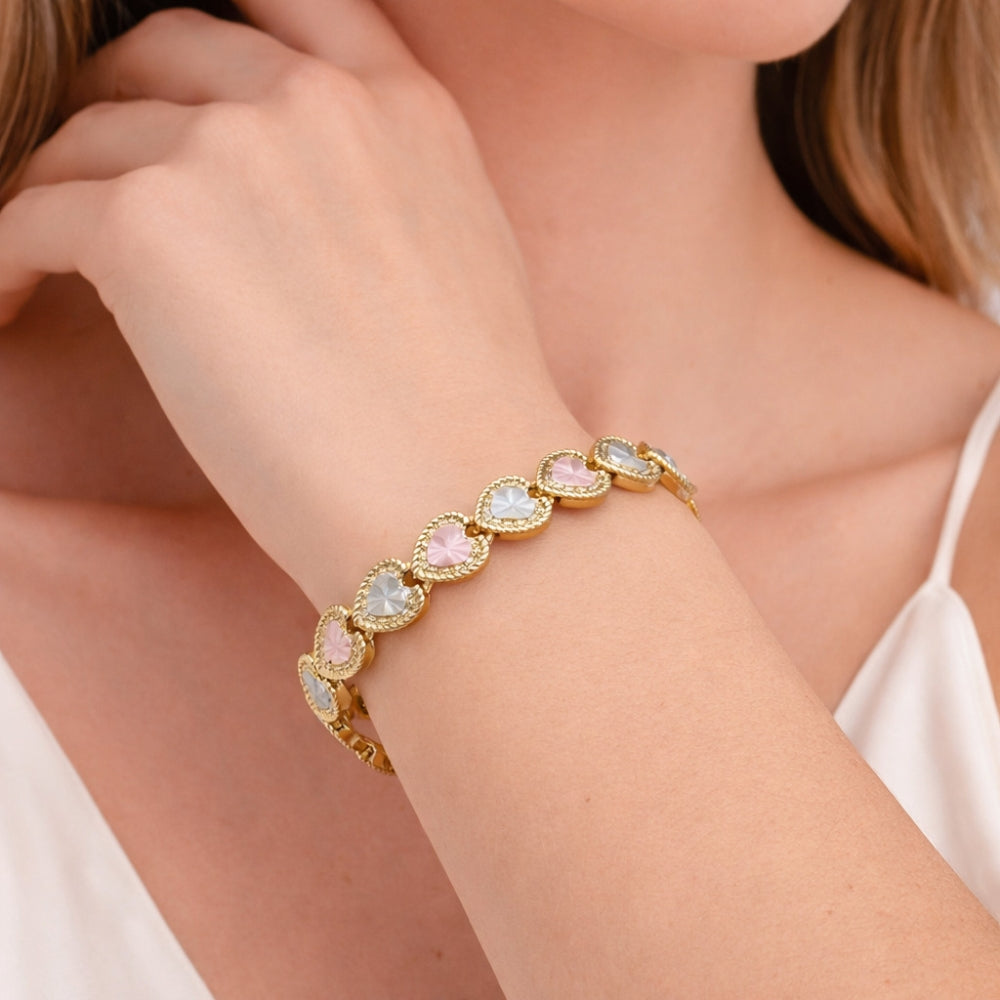Oro Laminado Tennis Bracelet, Gold Filled Style Heart Design, Diamond Cutting Finish, Tricolor