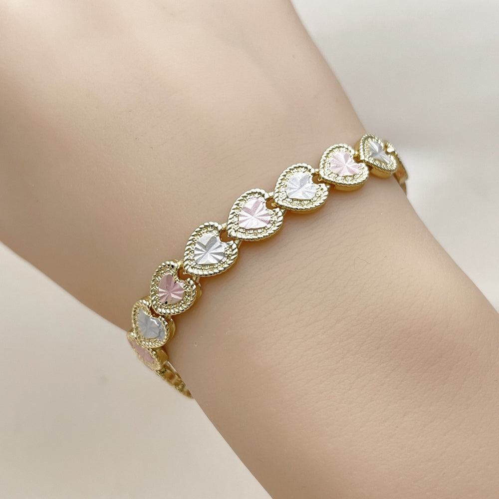 Oro Laminado Tennis Bracelet, Gold Filled Style Heart Design, Diamond Cutting Finish, Tricolor