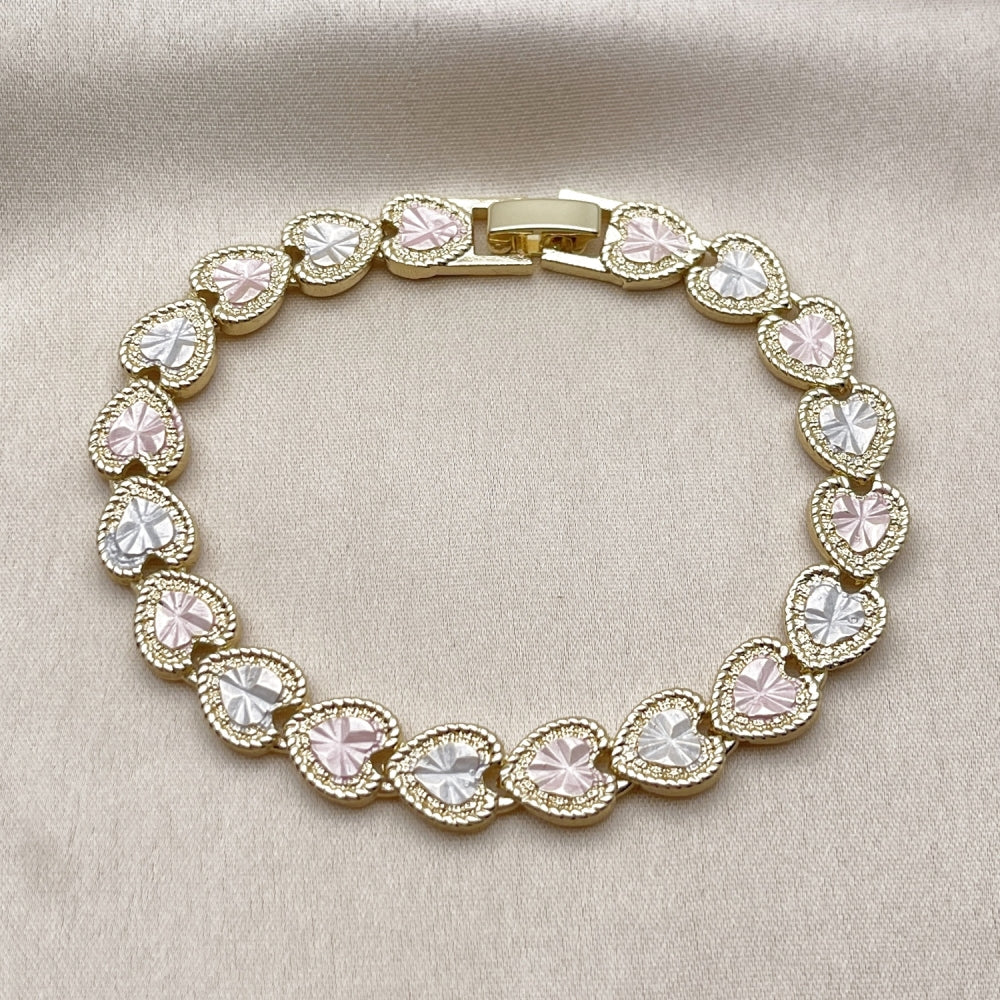 Oro Laminado Tennis Bracelet, Gold Filled Style Heart Design, Diamond Cutting Finish, Tricolor
