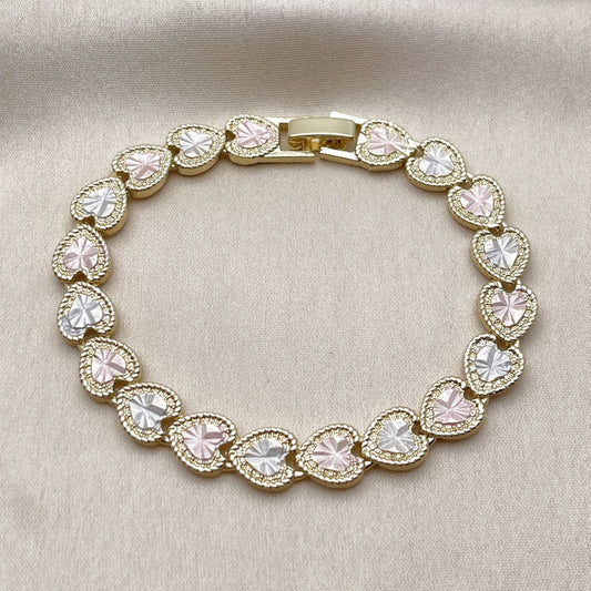Oro Laminado Tennis Bracelet, Gold Filled Style Heart Design, Diamond Cutting Finish, Tricolor